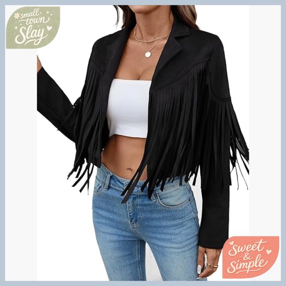 Faux Suede Cropped Fringe Jacket with Lining Western Style